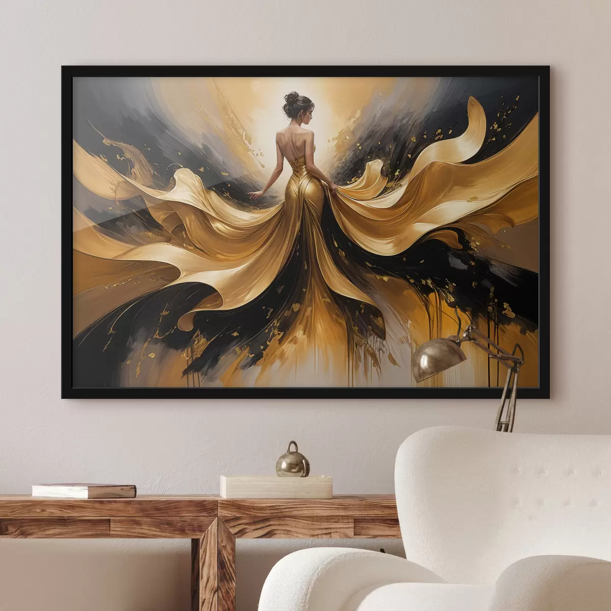 Poster Un ramo de lirios blancos en un jarrón de cerámica azul y blanco sobre fondo azul pintura al óleo bodegón f38820