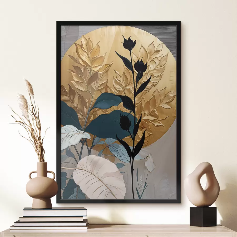 murales de pared Composición floral abstracta con grandes hojas y siluetas oscuras. f38822