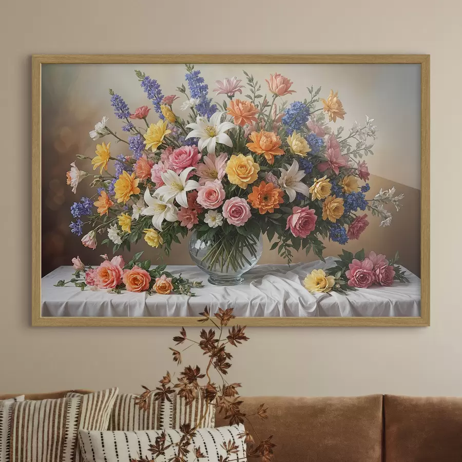 murales de pared Un vibrante ramo de varias flores de colores en un jarrón de vidrio sobre un mantel blanco, pintura artística vintage f38825