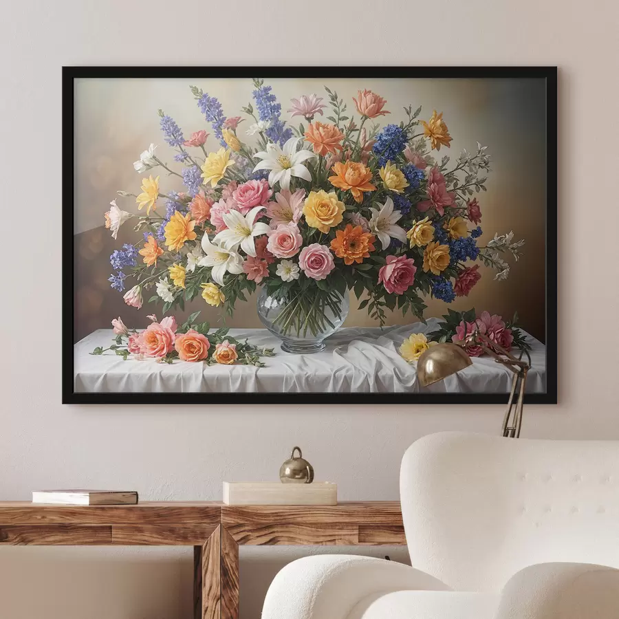murales de pared Un vibrante ramo de varias flores de colores en un jarrón de vidrio sobre un mantel blanco, pintura artística vintage f38825