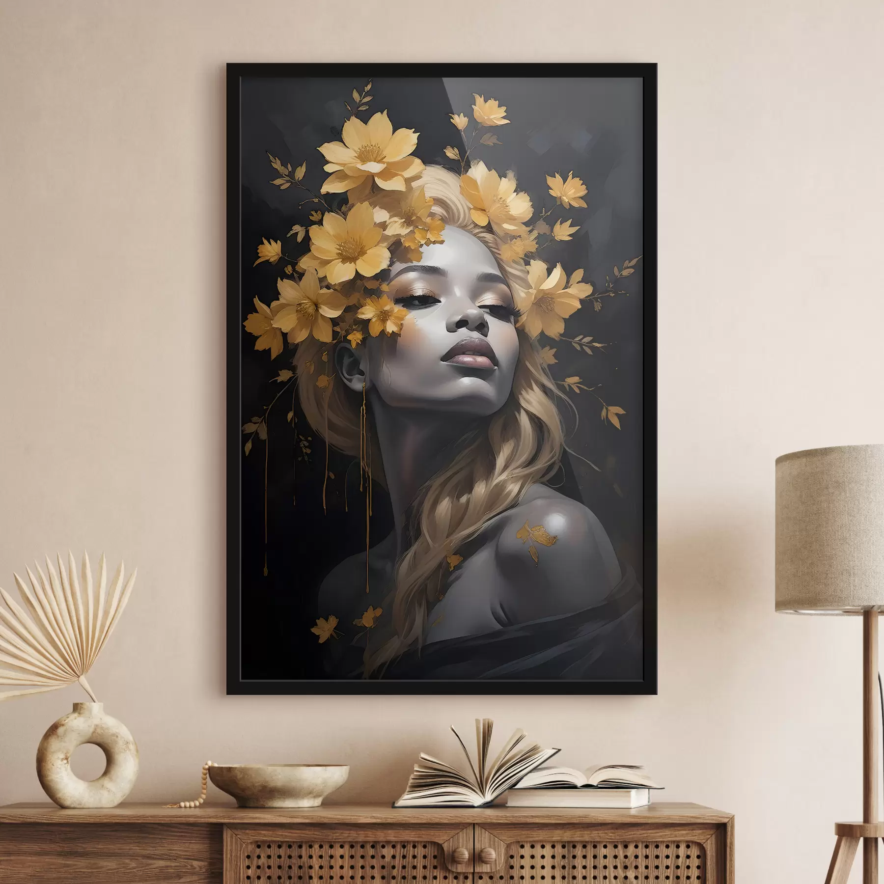 murales de pared Un retrato de una mujer joven rodeada de hojas de otoño de amarillo sobre un fondo oscuro f38834