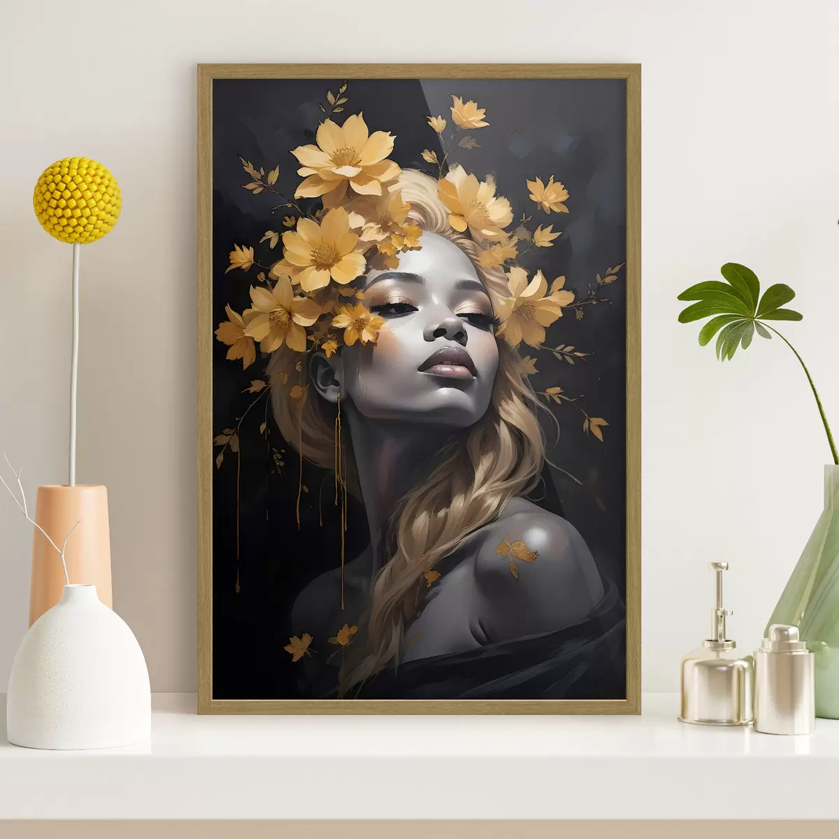 Poster Un retrato de una mujer joven rodeada de hojas de otoño de amarillo sobre un fondo oscuro f38834