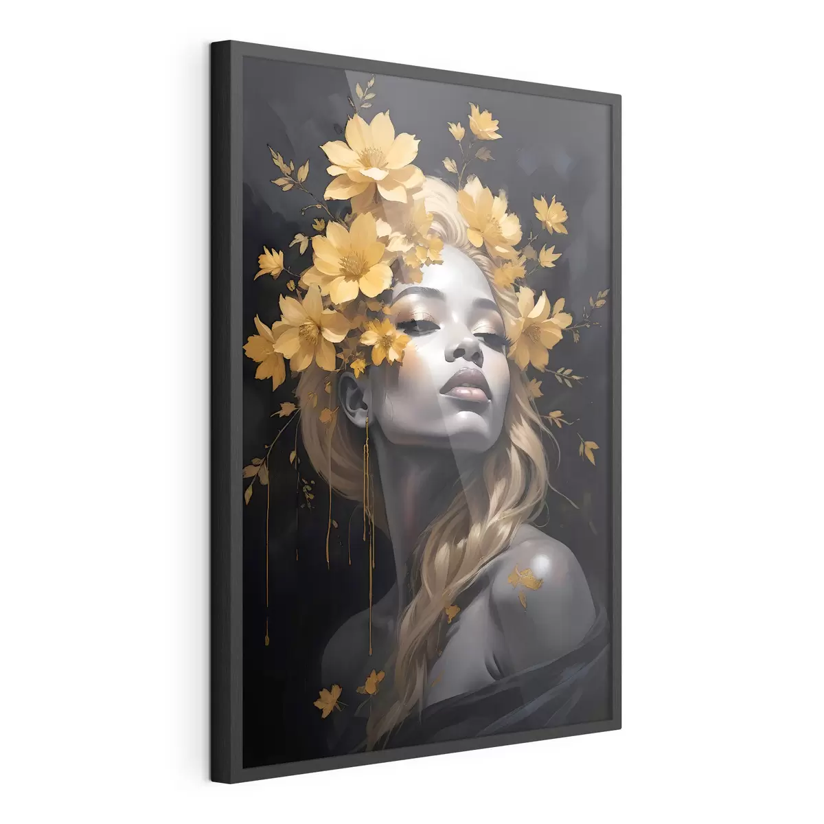 Poster Un retrato de una mujer joven rodeada de hojas de otoño de amarillo sobre un fondo oscuro f38834