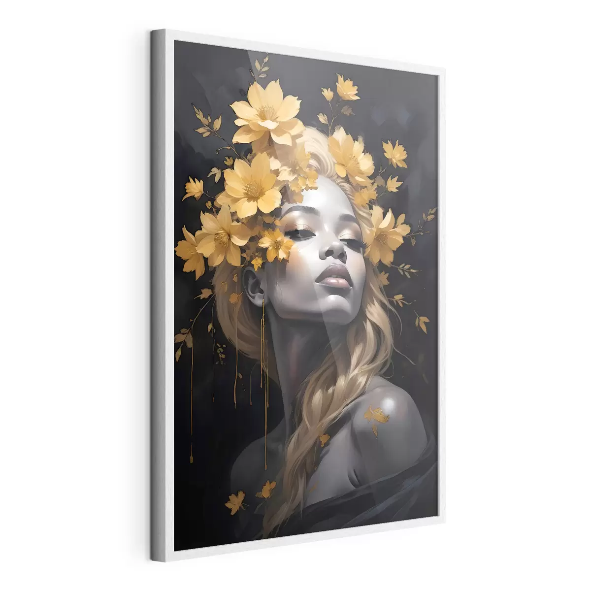 Poster Un retrato de una mujer joven rodeada de hojas de otoño de amarillo sobre un fondo oscuro f38834