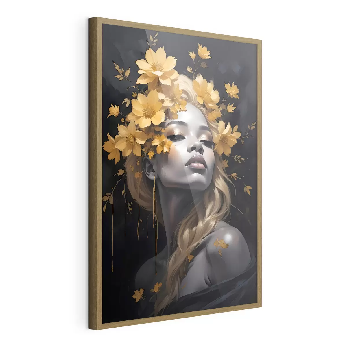 Poster Un retrato de una mujer joven rodeada de hojas de otoño de amarillo sobre un fondo oscuro f38834