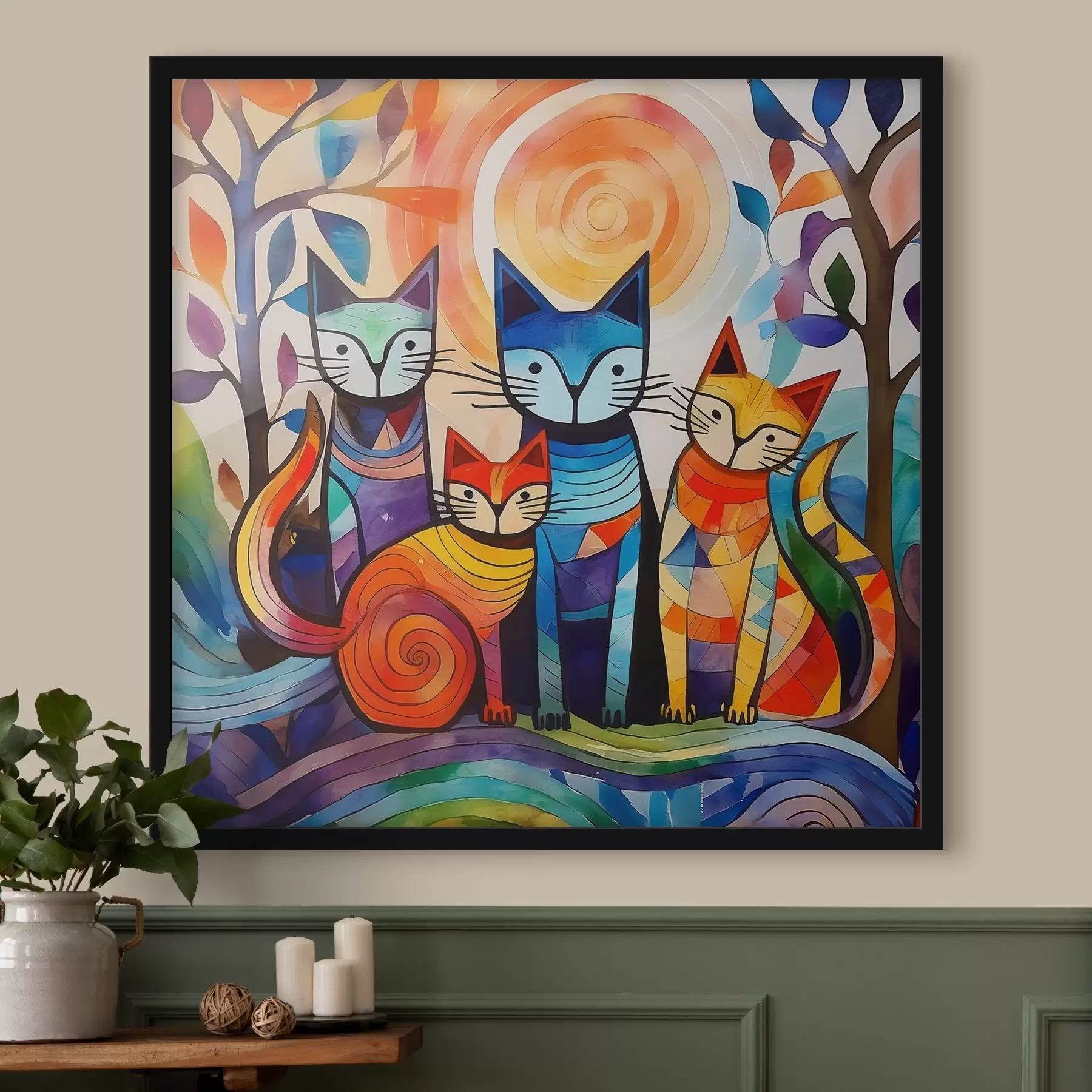 murales de pared Abstracción multicolor con gatos interesantes. f38815