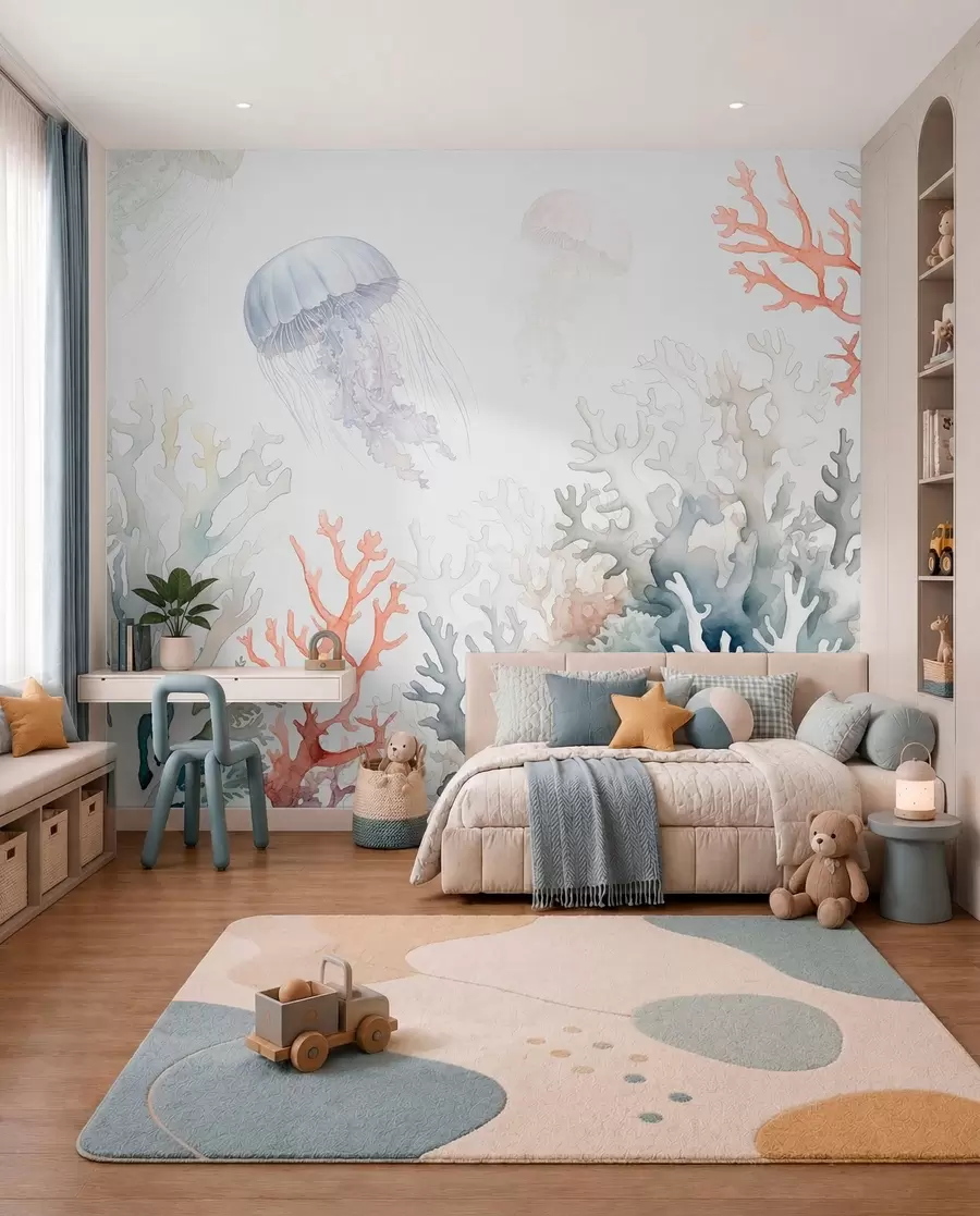 murales de pared Corales marinos, medusas nadan, acuarela, gris, azul, rojo w00819