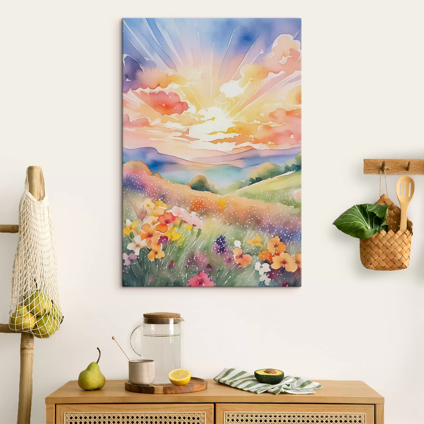 murales de pared Puesta de sol en el campo de verano, flores, sol, cielo colorido, nubes, naturaleza s38842