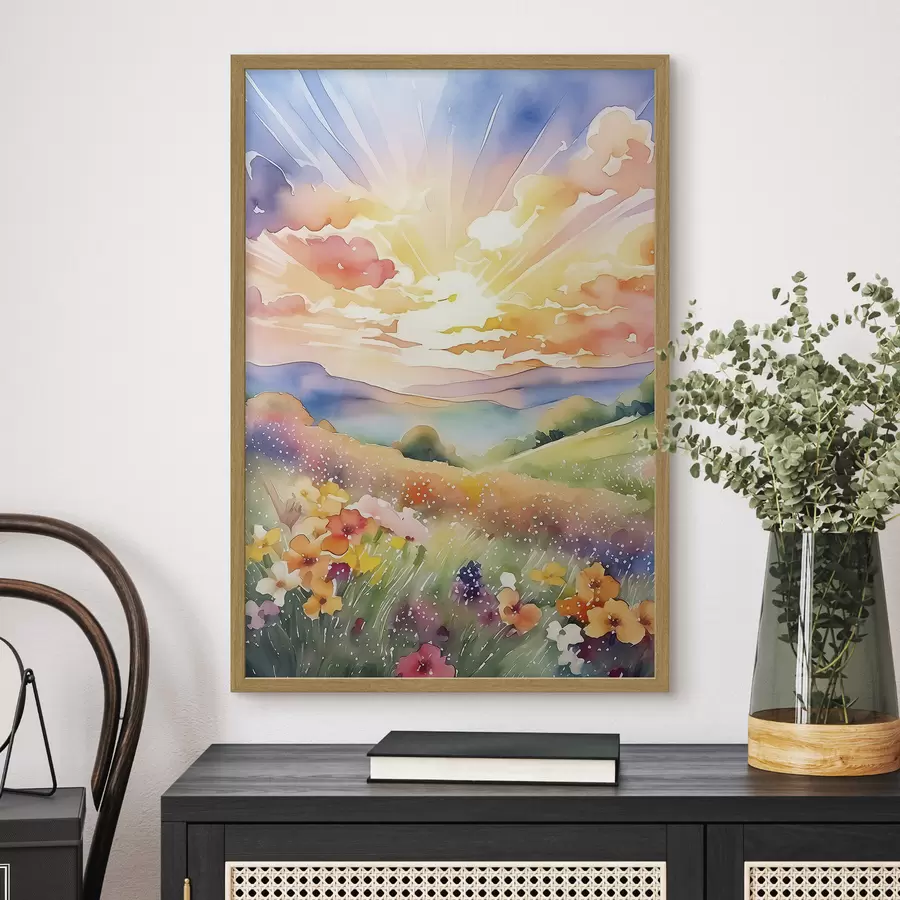 murales de pared Puesta de sol en el campo de verano, flores, sol, cielo colorido, nubes, naturaleza f38842