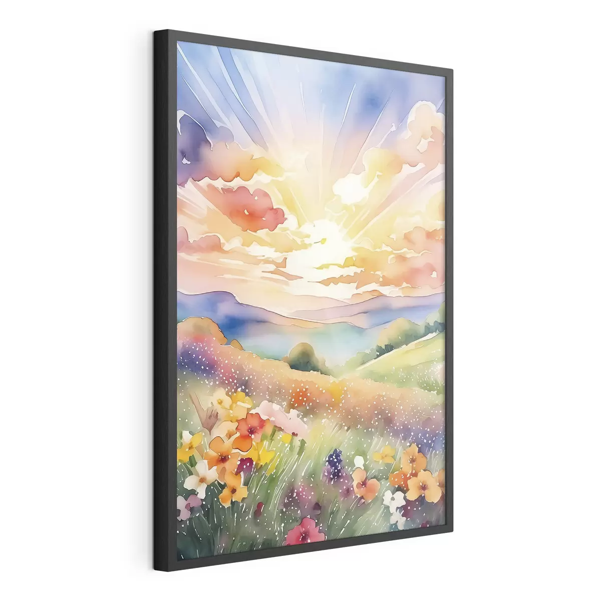 Poster Puesta de sol en el campo de verano, flores, sol, cielo colorido, nubes, naturaleza f38842