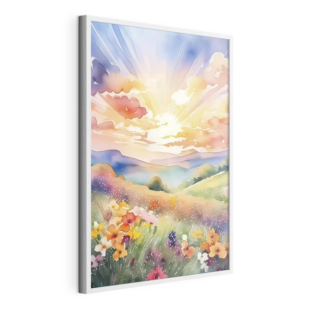 Poster Puesta de sol en el campo de verano, flores, sol, cielo colorido, nubes, naturaleza f38842