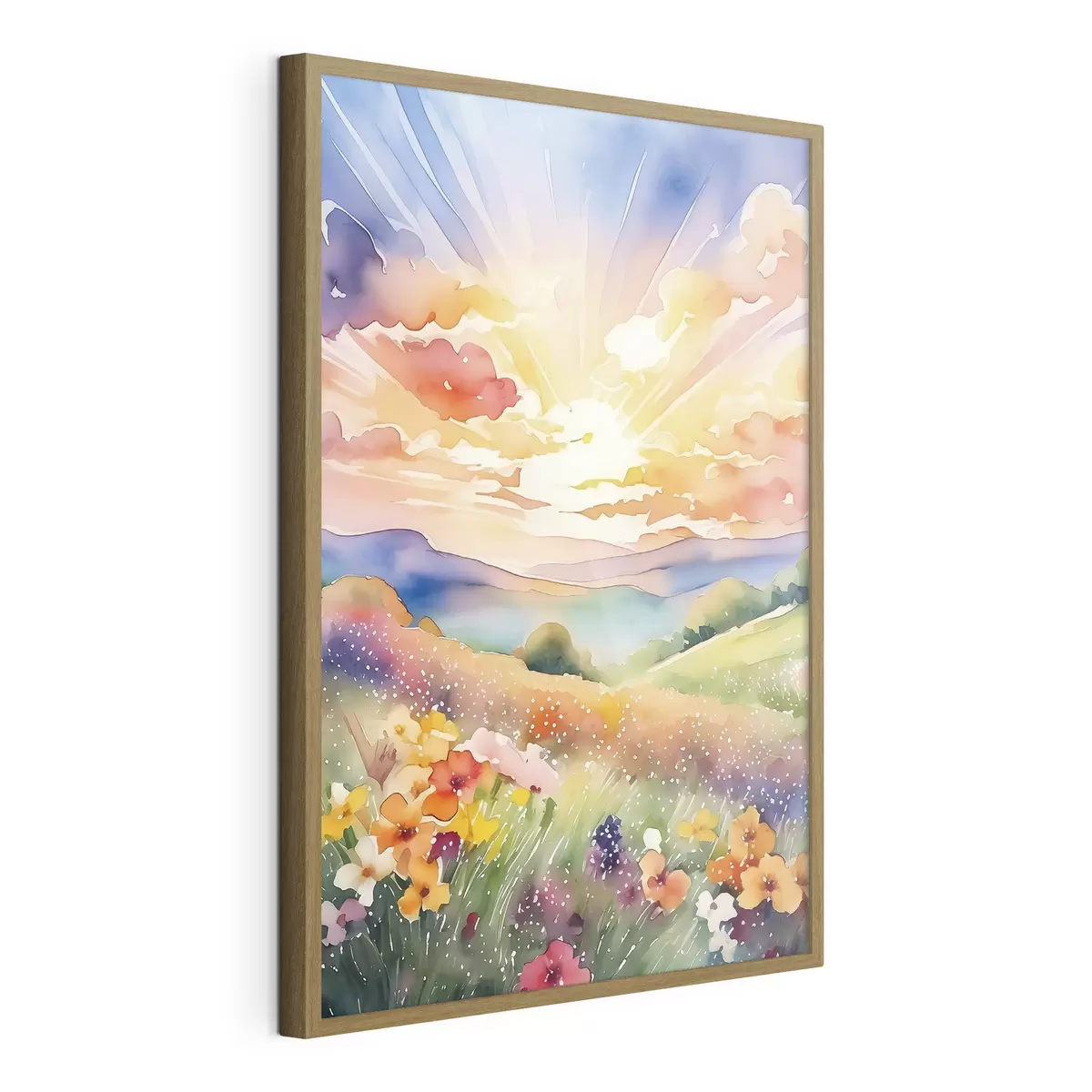 Poster Puesta de sol en el campo de verano, flores, sol, cielo colorido, nubes, naturaleza f38842