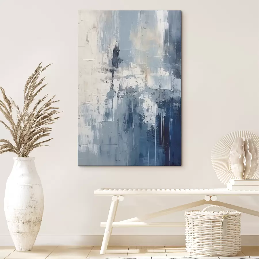 murales de pared Pintura al óleo minimalista abstracta, frotada, geométrica, mancha, color azul y blanco. s38906