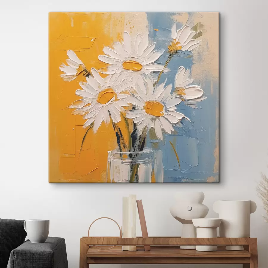 murales de pared Margaritas blancas en un jarrón de cristal sobre fondo azul y amarillo, imitación de pintura al óleo, grandes trazos s38907