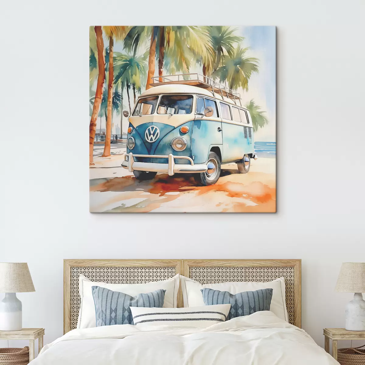 murales de pared Un coche de viaje está estacionado en la playa con un fondo de acuarela de palmeras s38911
