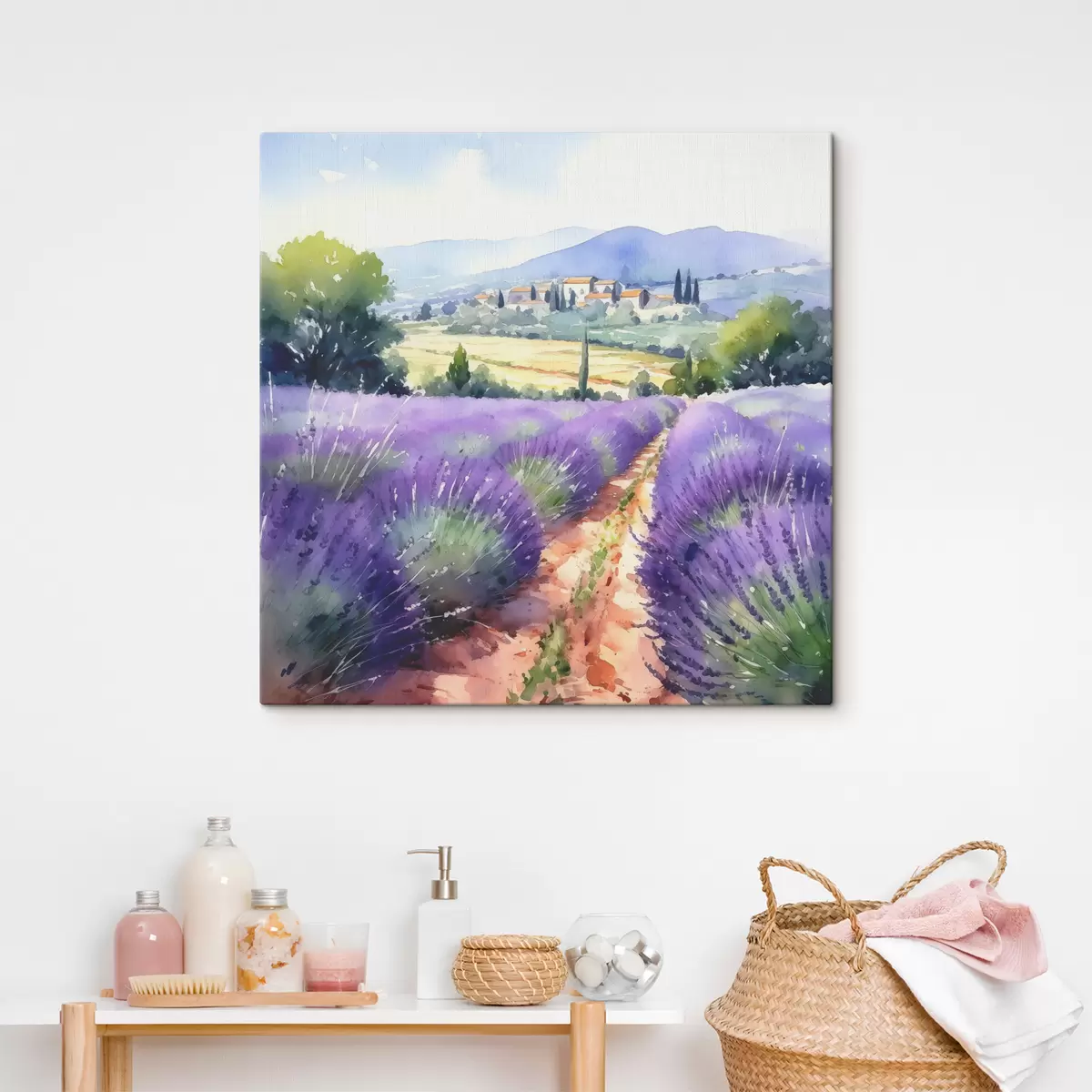 murales de pared Campo de lavanda acuarela sobre un fondo de montañas y campo s38913