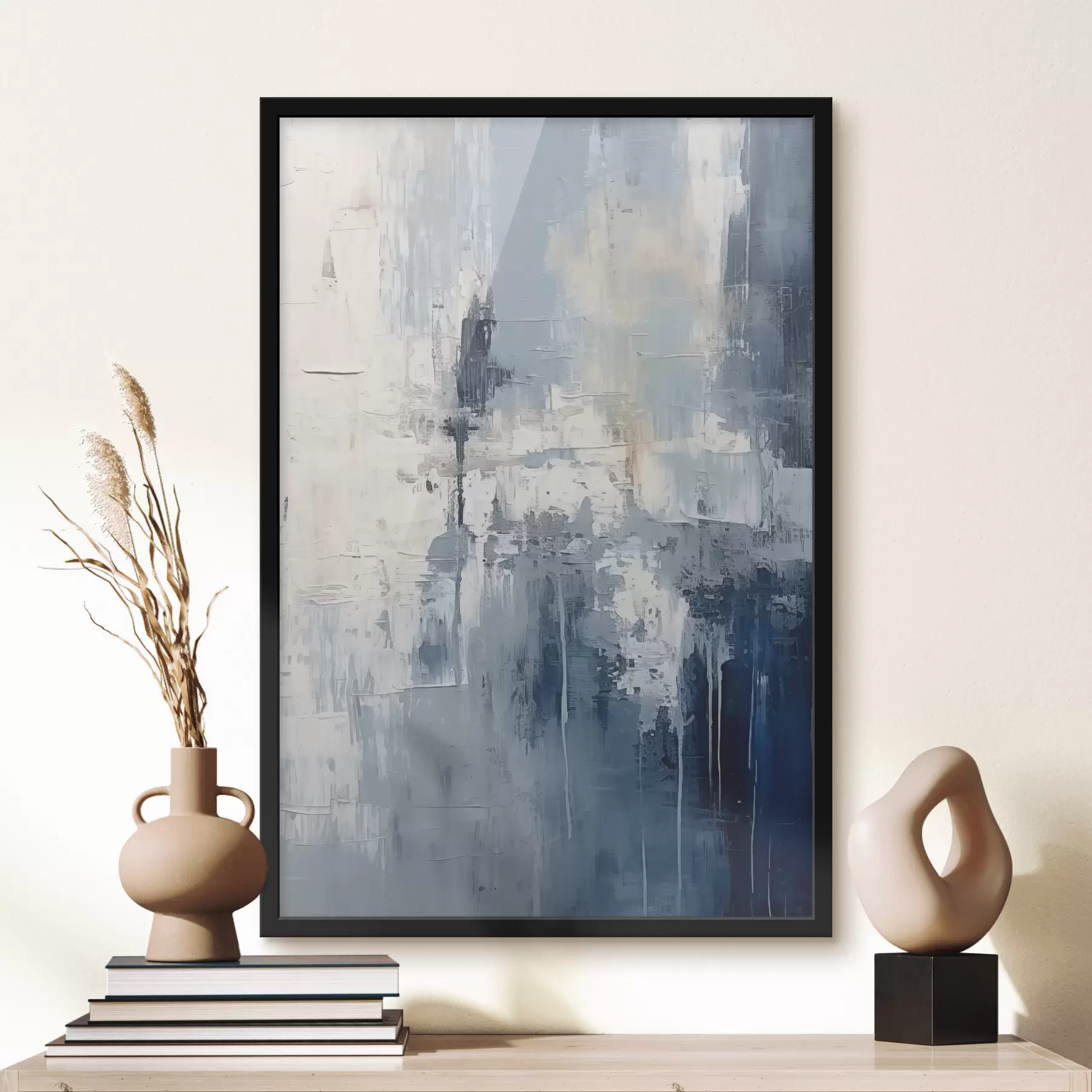 murales de pared Pintura al óleo minimalista abstracta, frotada, geométrica, mancha, color azul y blanco. f38906