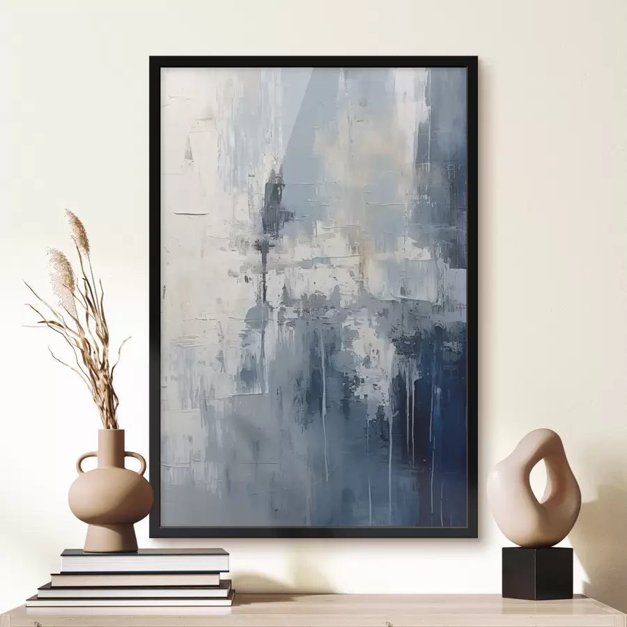 murales de pared Pintura al óleo minimalista abstracta, frotada, geométrica, mancha, color azul y blanco. f38906