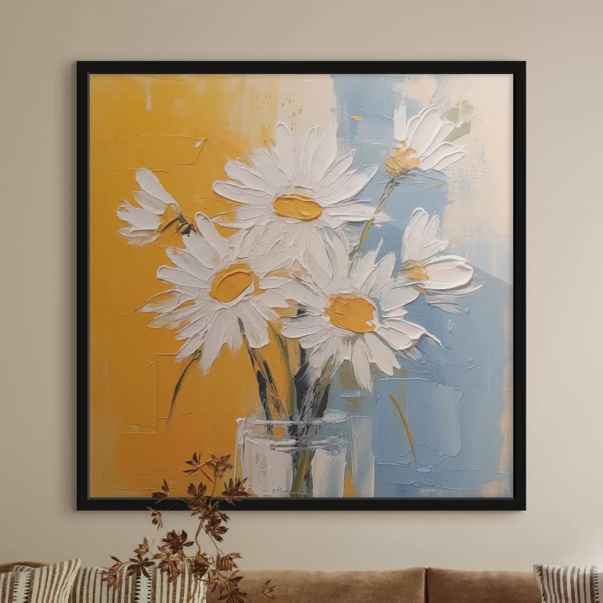 Poster Margaritas blancas en un jarrón de cristal sobre fondo azul y amarillo, imitación de pintura al óleo, grandes trazos f38907