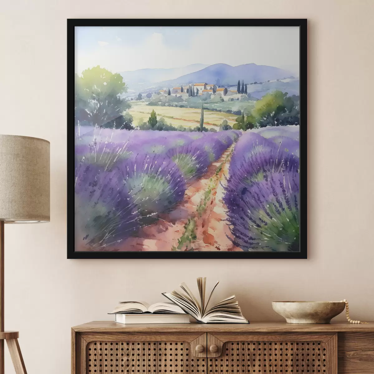 Poster Campo de lavanda en acuarela sobre un fondo de montañas y campiña f38913