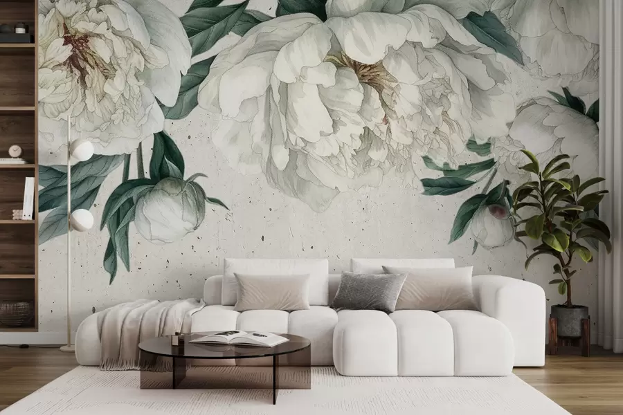 murales de pared Peonías grandes blancas con hojas verdes sobre un fondo de textura clara w00837