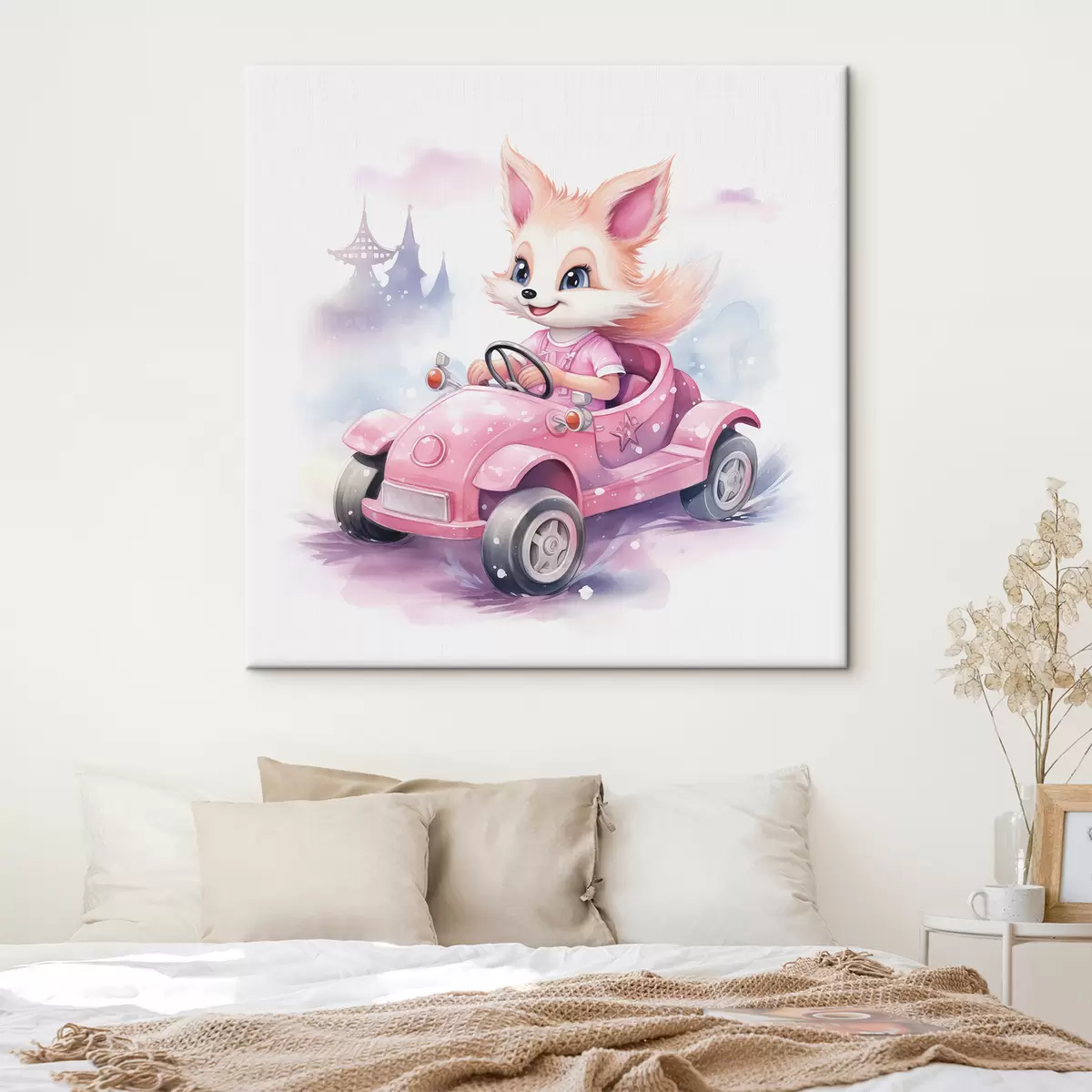 murales de pared Zorrito monta un coche rosa ilustración infantil en acuarela s38943