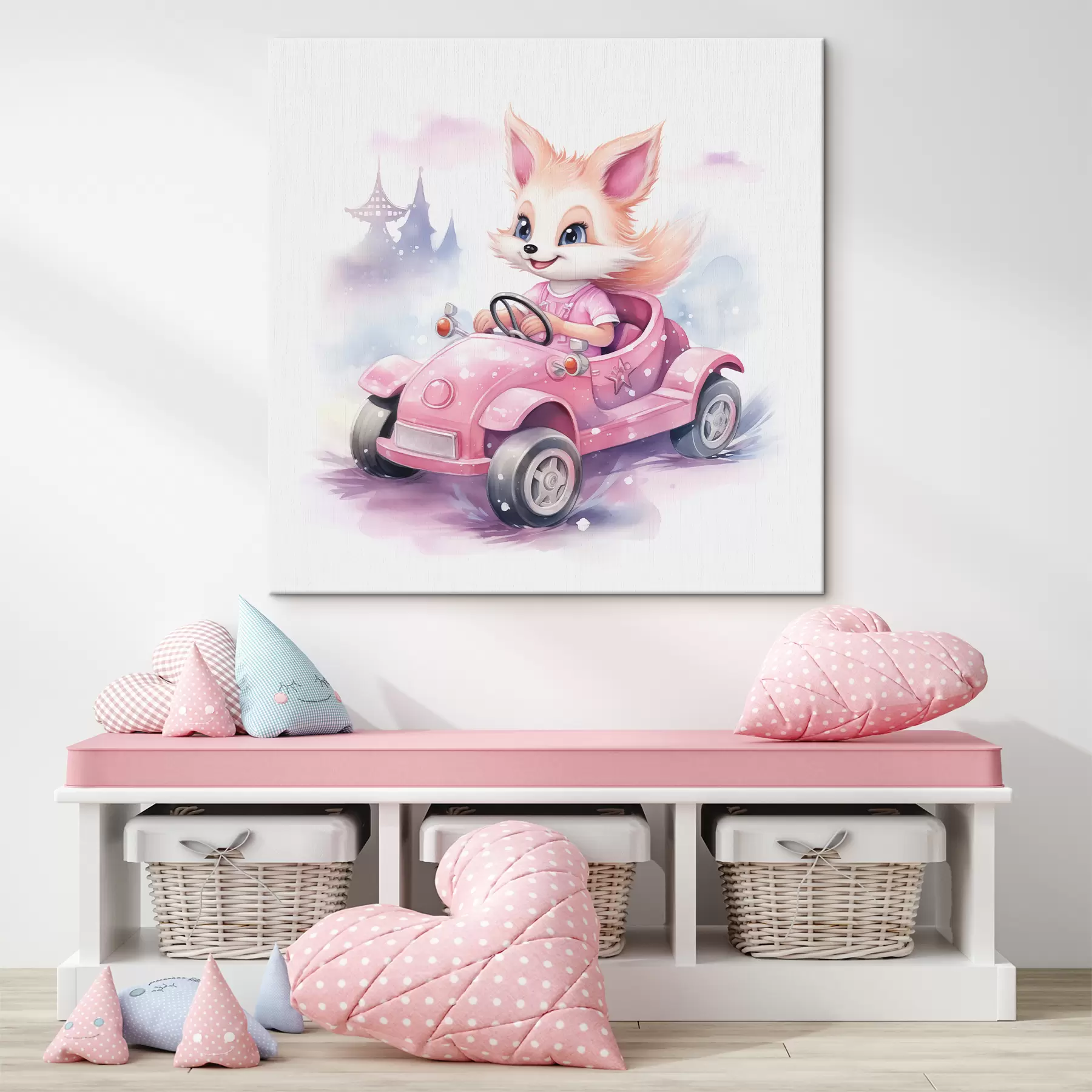 murales de pared Zorrito monta un coche rosa ilustración infantil en acuarela s38943