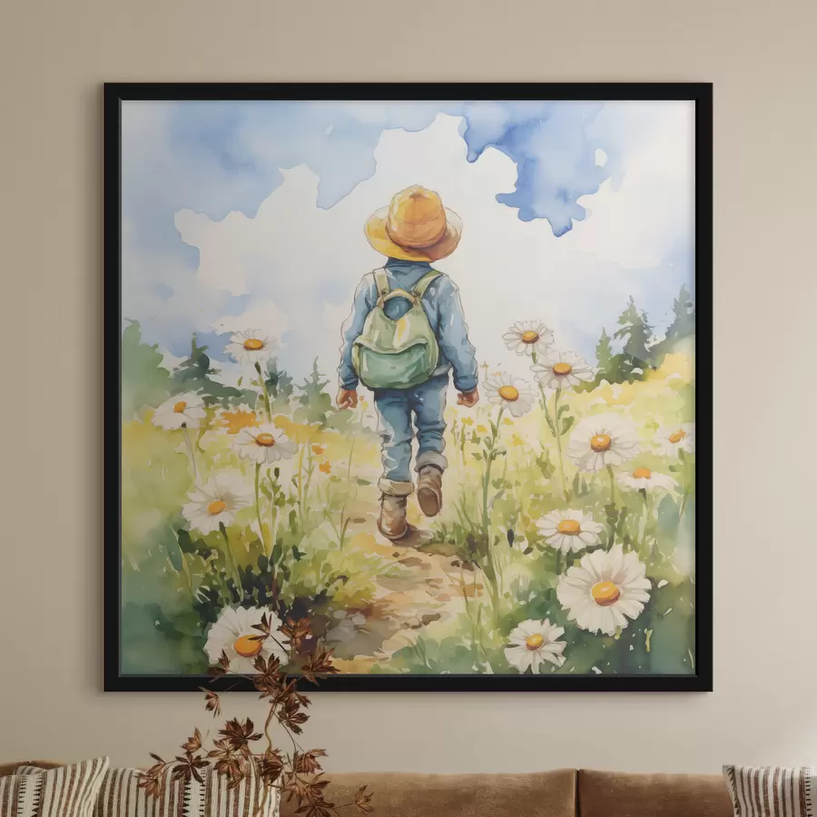 murales de pared Un niño con un sombrero de vaquero, una mochila verde a la espalda y un traje azul camina por un sendero en un campo de manzanilla, acuarela f38946