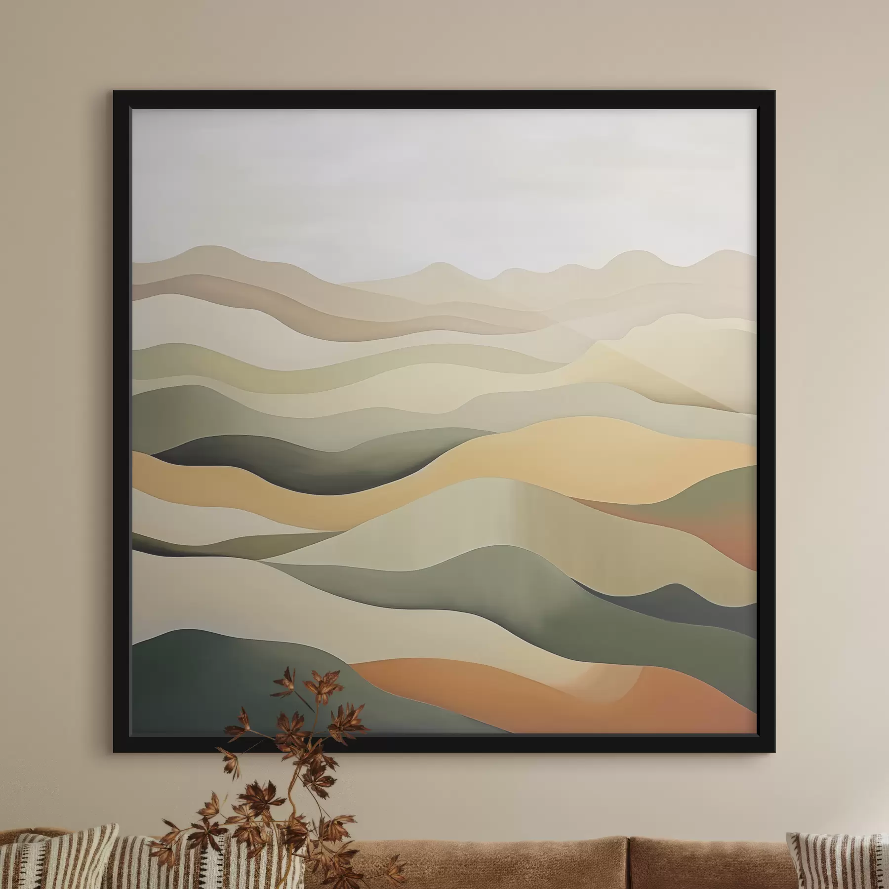 murales de pared Colinas, paisaje abstracto, gouache, verde, ocre, sepia, gris f38952