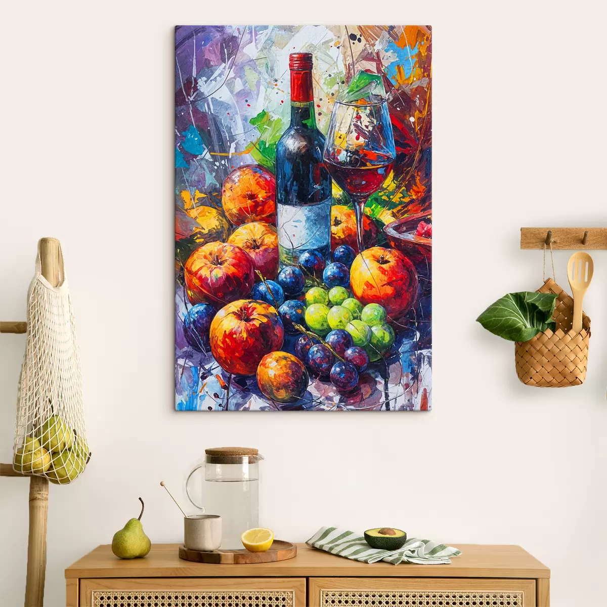 murales de pared Bodegón abstracto con una botella de vino, una copa de vino y frutas coloridas con toques de varios colores. s38958