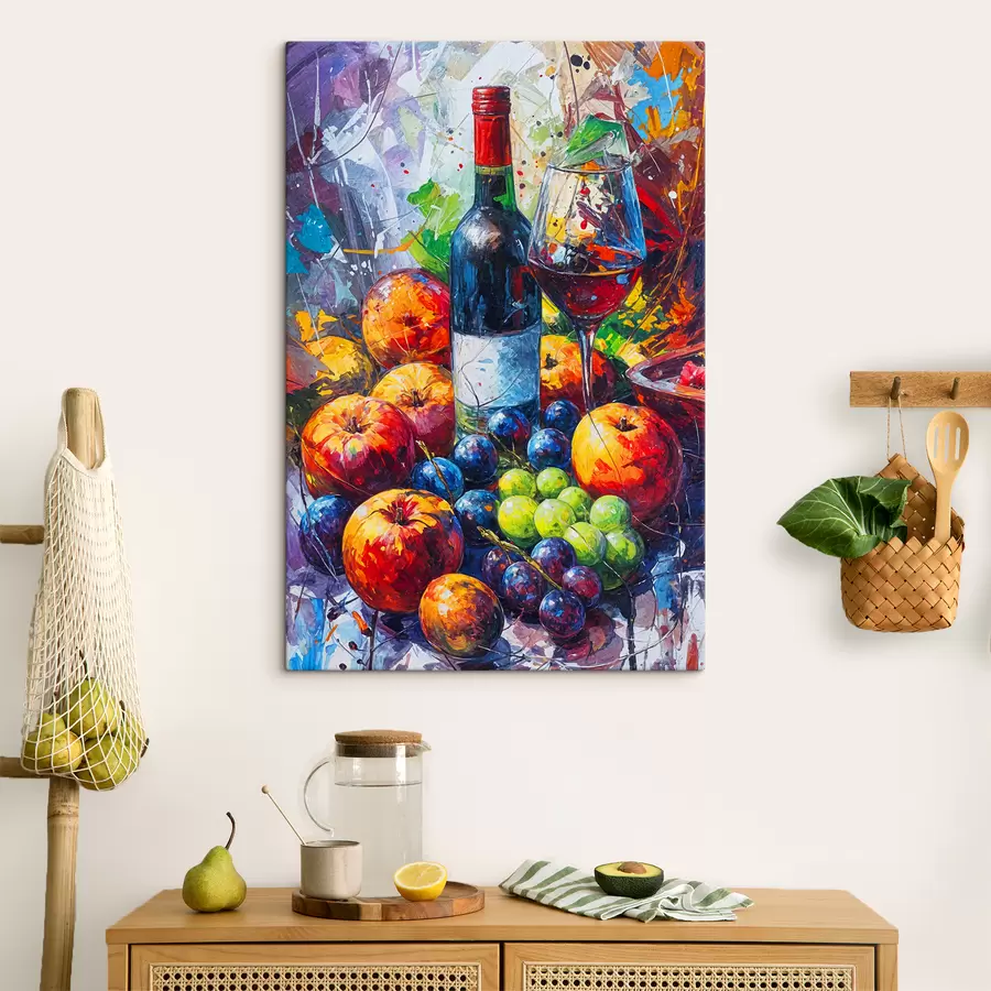 murales de pared Bodegón abstracto con una botella de vino, una copa de vino y frutas coloridas con toques de varios colores. s38958