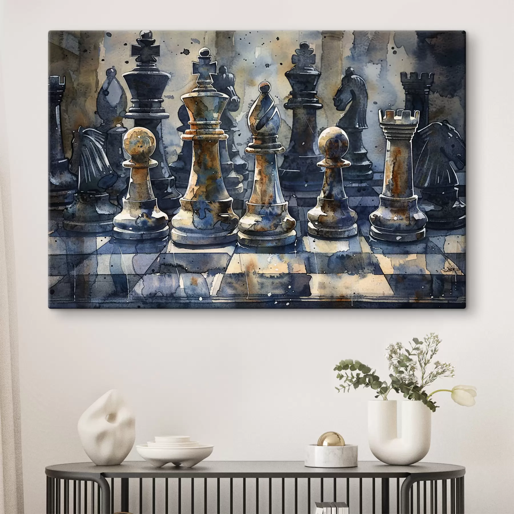 murales de pared Vista cercana de pintura acuarela de un ajedrez hecho de metal o piedra, con diseños y texturas detallados s38960
