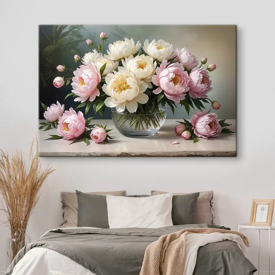 murales de pared Pintura de un ramo de hermosas peonías blancas y rosas en un jarrón de vidrio sobre una mesa de madera s38967