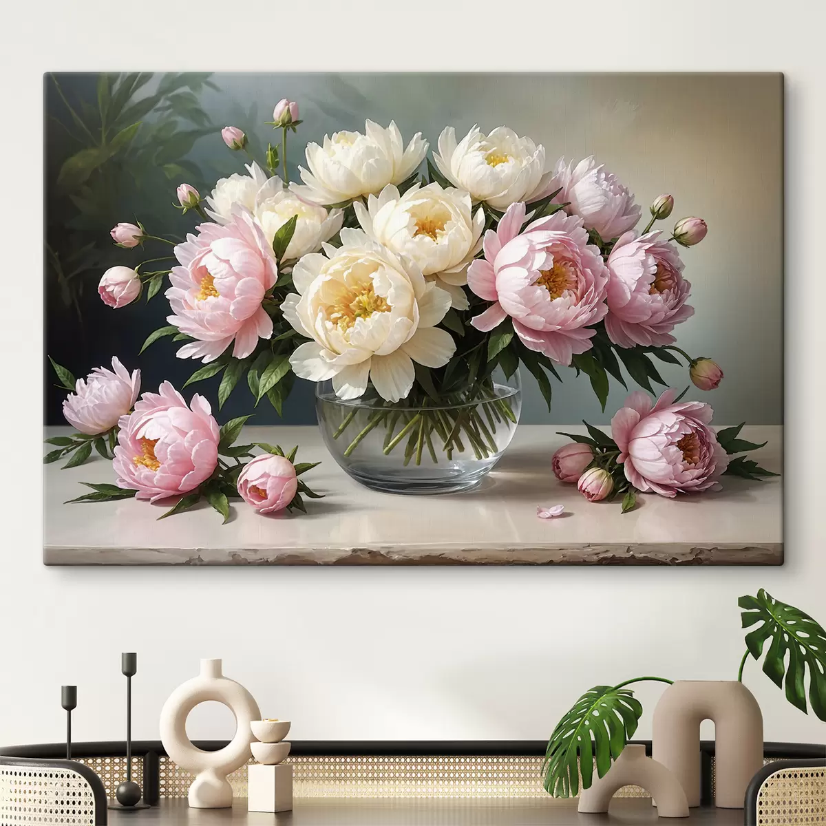 murales de pared Pintura de un ramo de hermosas peonías blancas y rosas en un jarrón de vidrio sobre una mesa de madera s38967