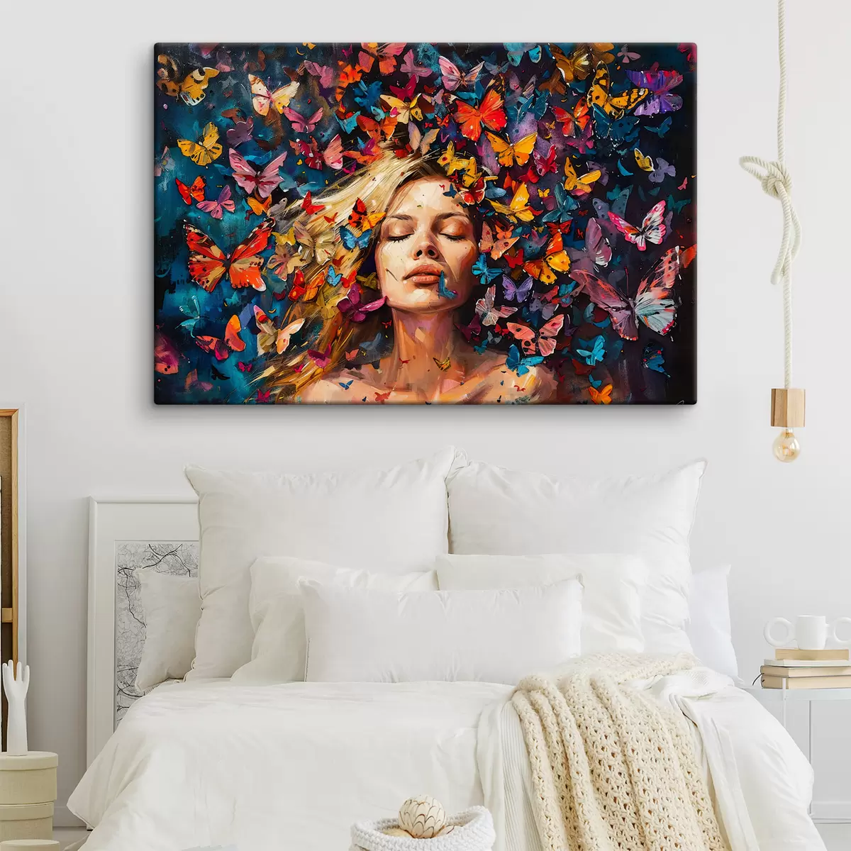 murales de pared Pintura al óleo de una mujer joven rodeada por un enjambre de mariposas de colores sobre un fondo oscuro s38972