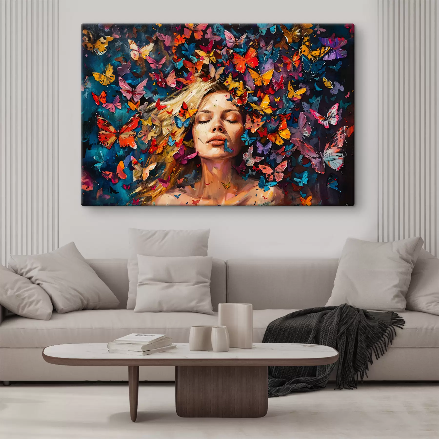 murales de pared Pintura al óleo de una mujer joven rodeada por un enjambre de mariposas de colores sobre un fondo oscuro s38972