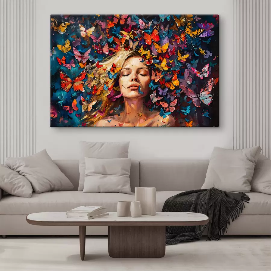 murales de pared Pintura al óleo de una mujer joven rodeada por un enjambre de mariposas de colores sobre un fondo oscuro s38972