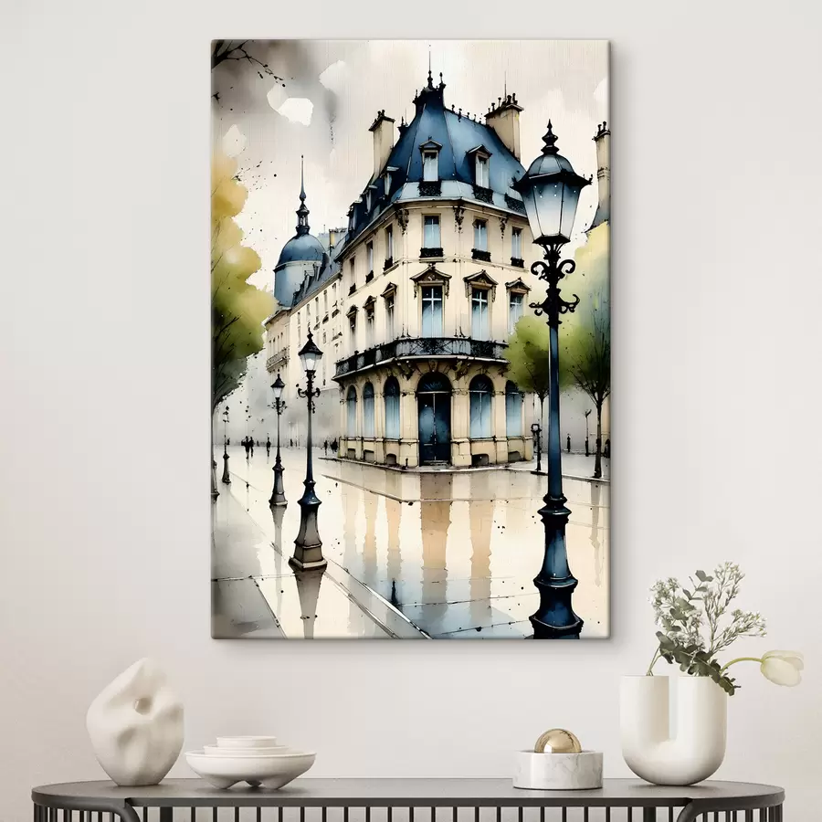 murales de pared Pintura acuarela de un edificio histórico con fachada curva y elementos arquitectónicos decorativos s38975