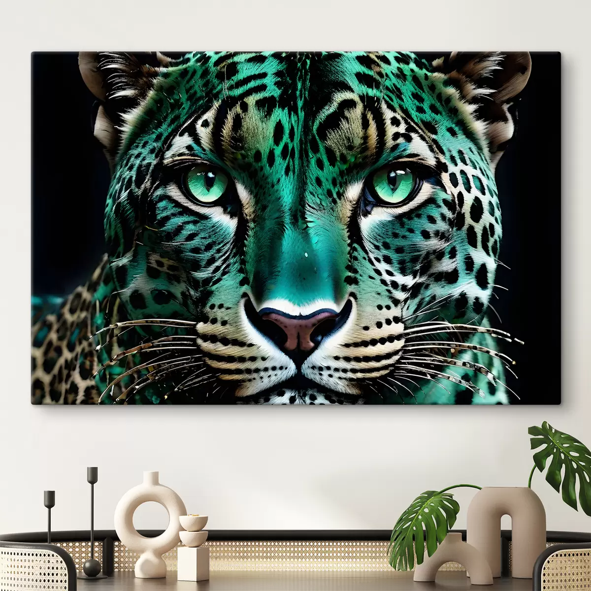 murales de pared Un retrato en primer plano de un feroz leopardo de ojos verdes con pelaje vibrante de color turquesa y manchas negras. s38979