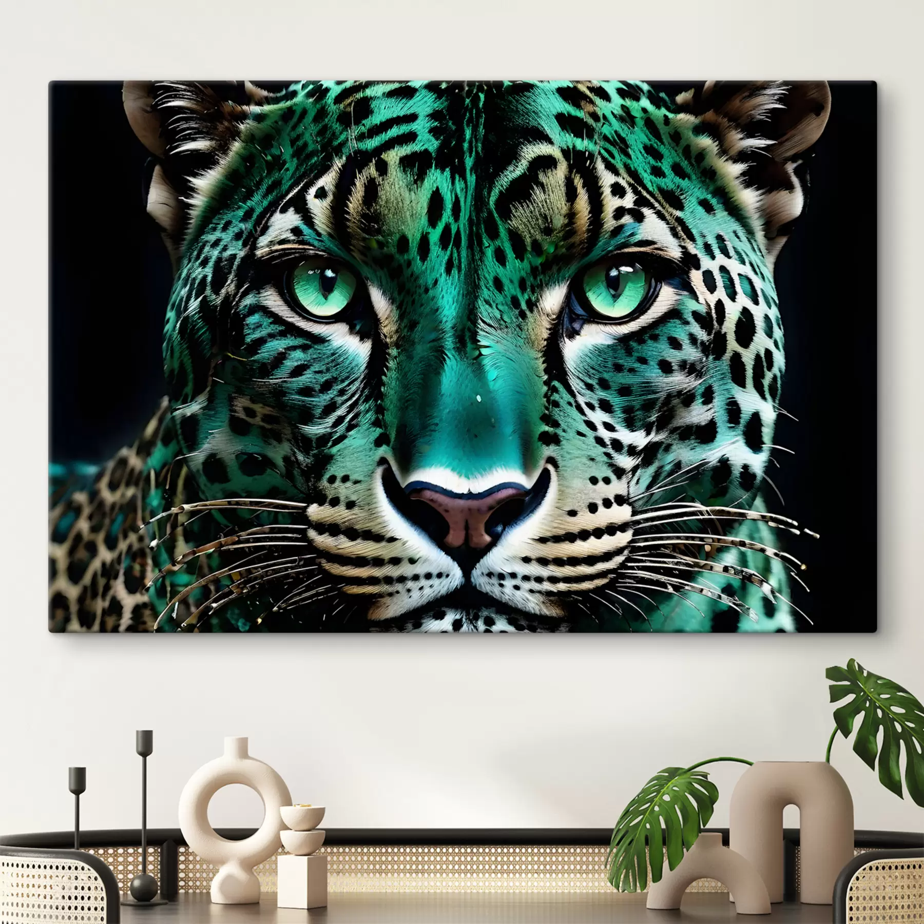 murales de pared Un retrato en primer plano de un feroz leopardo de ojos verdes con pelaje vibrante de color turquesa y manchas negras. s38979