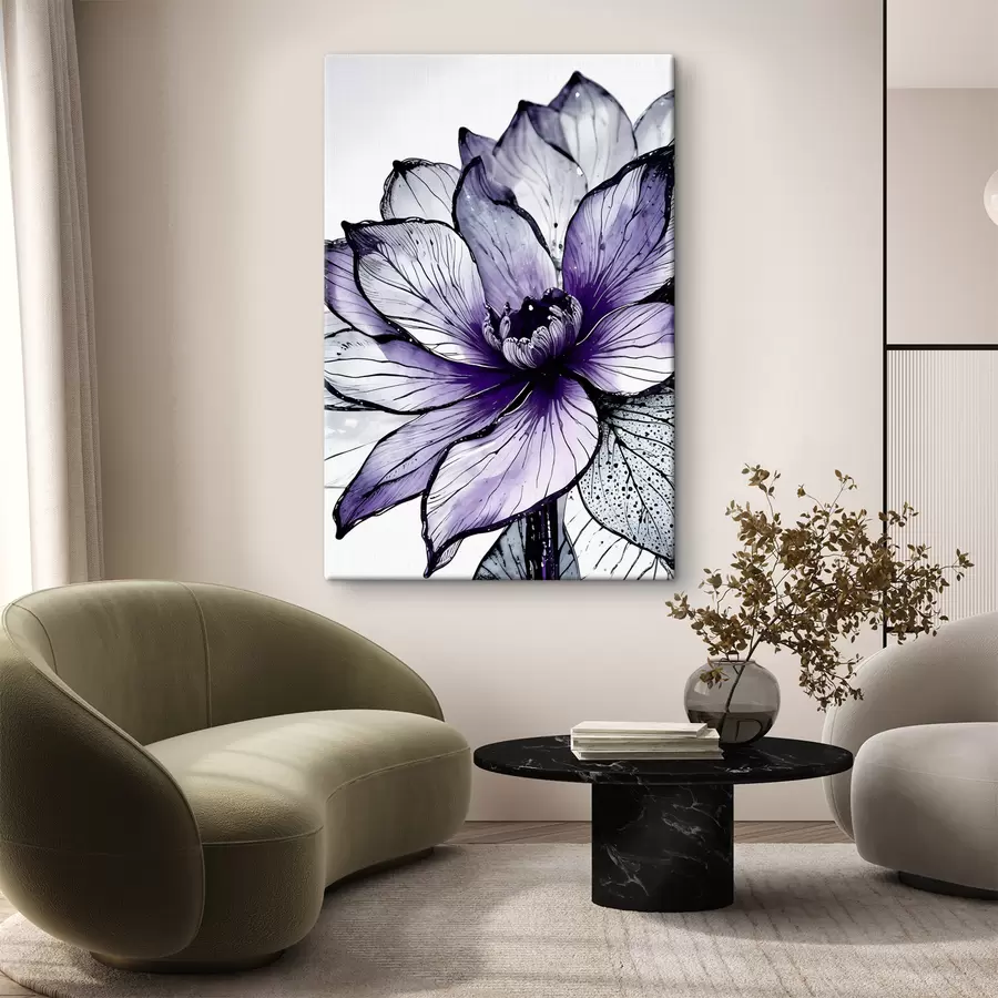 murales de pared Una flor grande y vibrante de color púrpura con pétalos delicados e intrincados sobre un fondo oscuro. s38982
