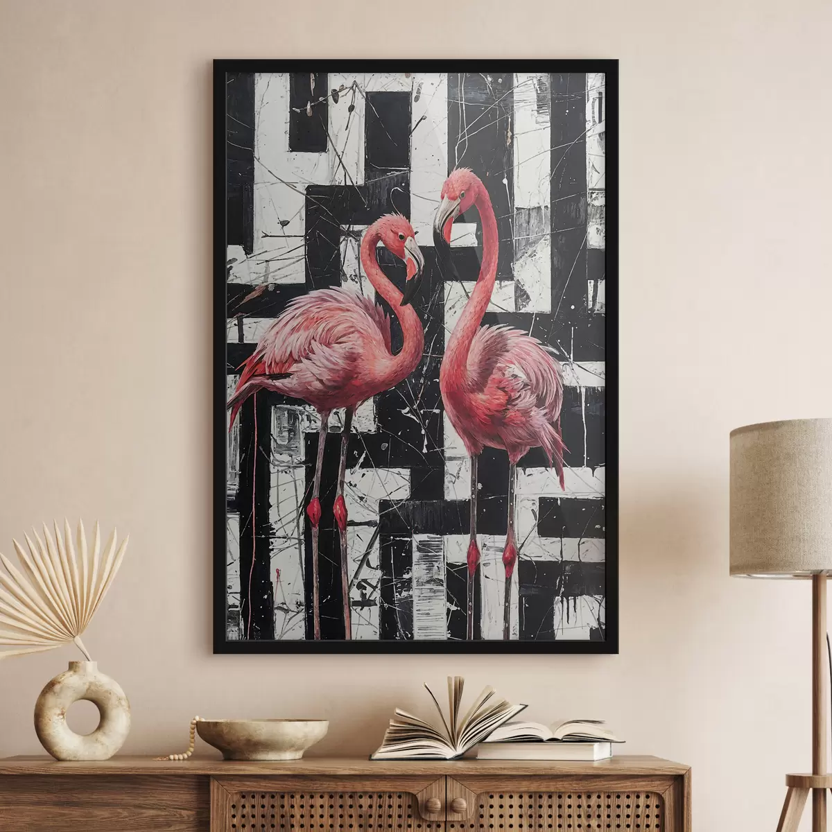 Poster Dos flamencos rosados parados frente a una pintura de arte de fondo abstracto en blanco y negro f38954