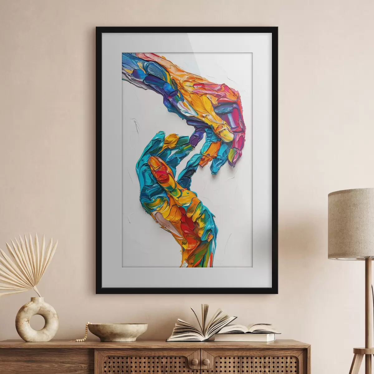 Poster Manos de pintura al óleo empastadas abstractas y coloridas con pinceladas vibrantes de pintura azul, naranja, amarilla y roja f38955