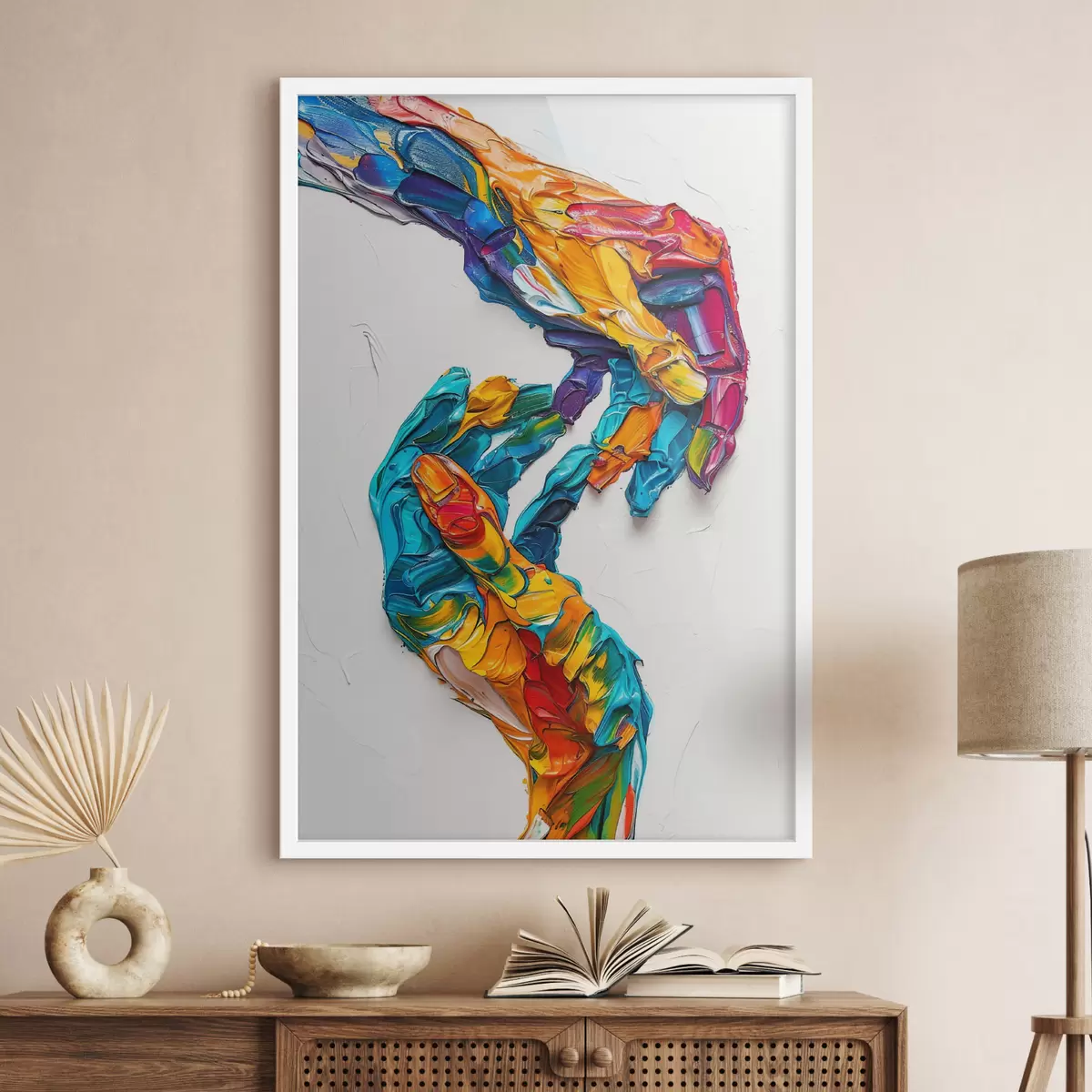Poster Manos de pintura al óleo empastadas abstractas y coloridas con pinceladas vibrantes de pintura azul, naranja, amarilla y roja f38955