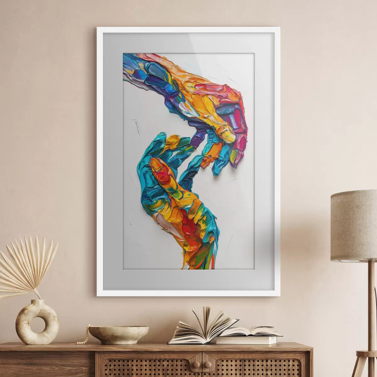 Poster Manos de pintura al óleo empastadas abstractas y coloridas con pinceladas vibrantes de pintura azul, naranja, amarilla y roja f38955