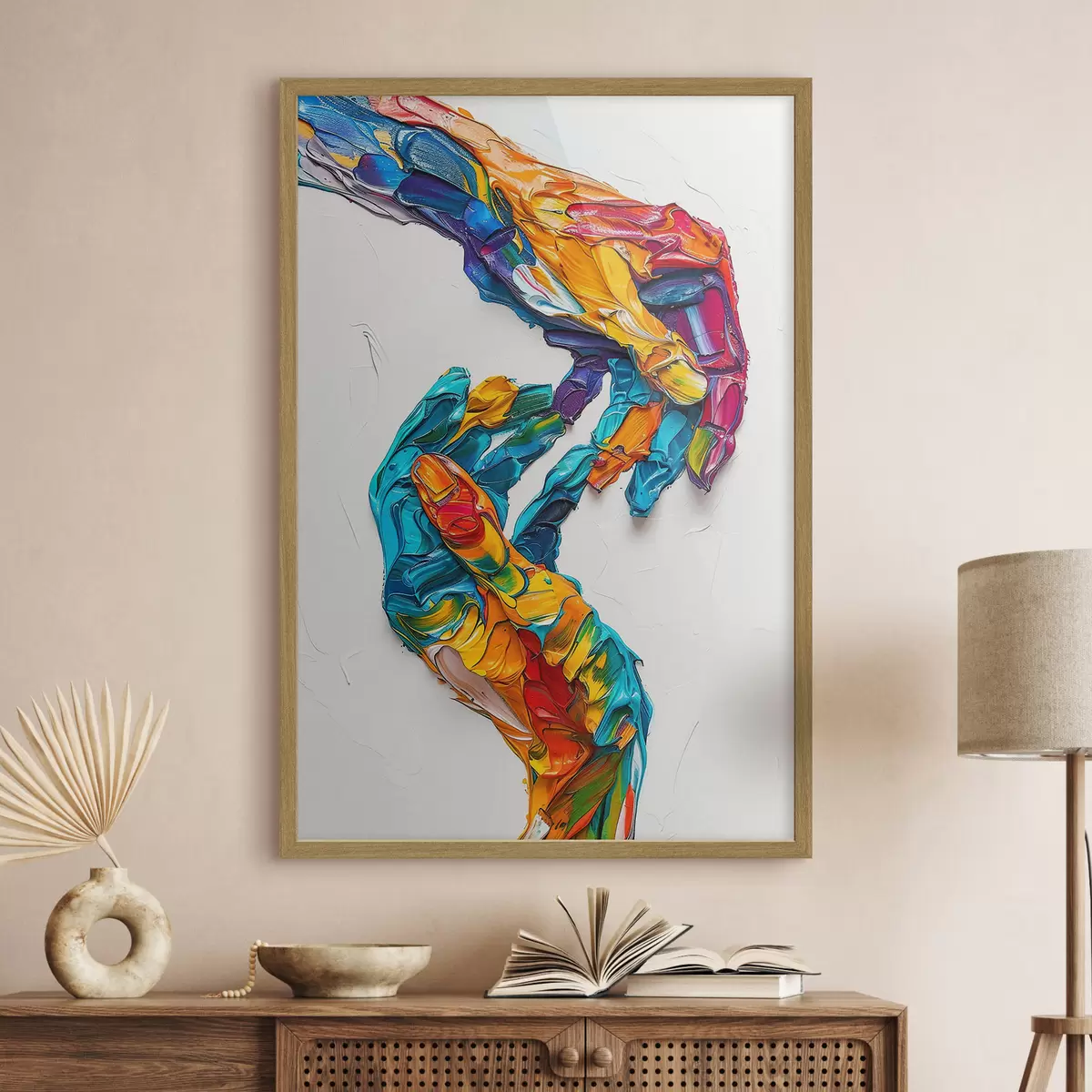 Poster Manos de pintura al óleo empastadas abstractas y coloridas con pinceladas vibrantes de pintura azul, naranja, amarilla y roja f38955