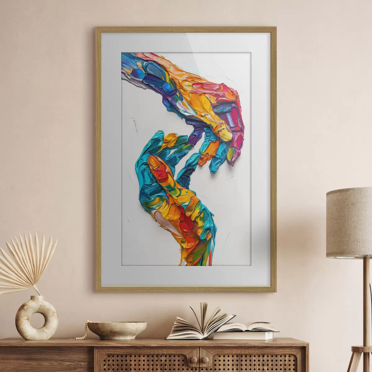 Poster Manos de pintura al óleo empastadas abstractas y coloridas con pinceladas vibrantes de pintura azul, naranja, amarilla y roja f38955