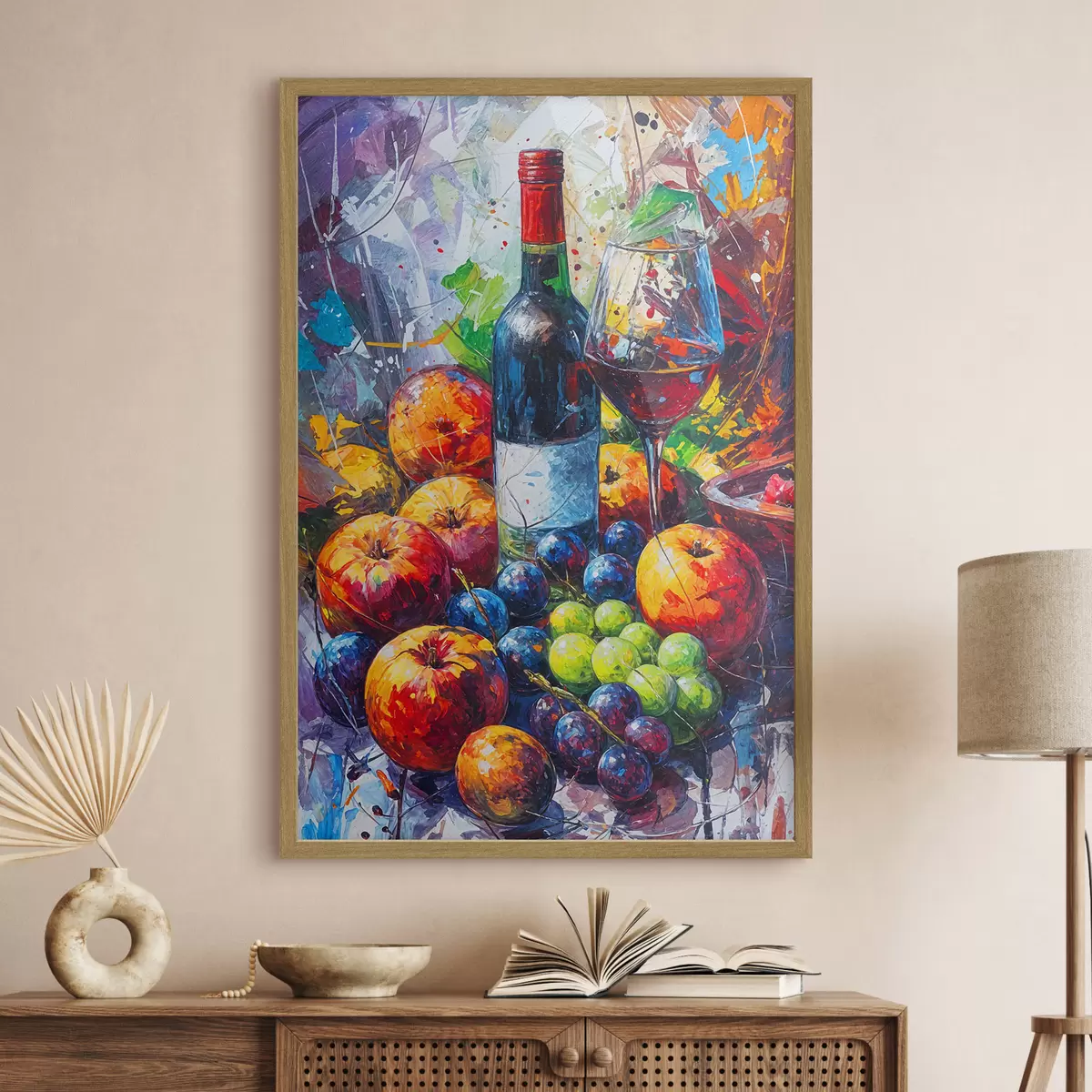 Poster Bodegón abstracto con una botella de vino, una copa de vino y frutas coloridas con toques de varios colores f38958