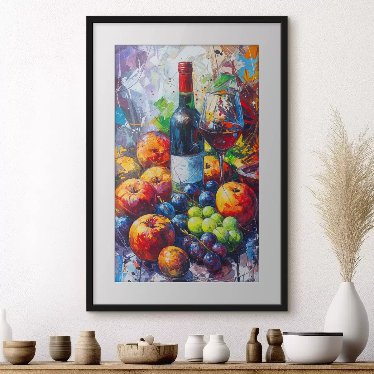 Poster Bodegón abstracto con una botella de vino, una copa de vino y frutas coloridas con toques de varios colores f38958
