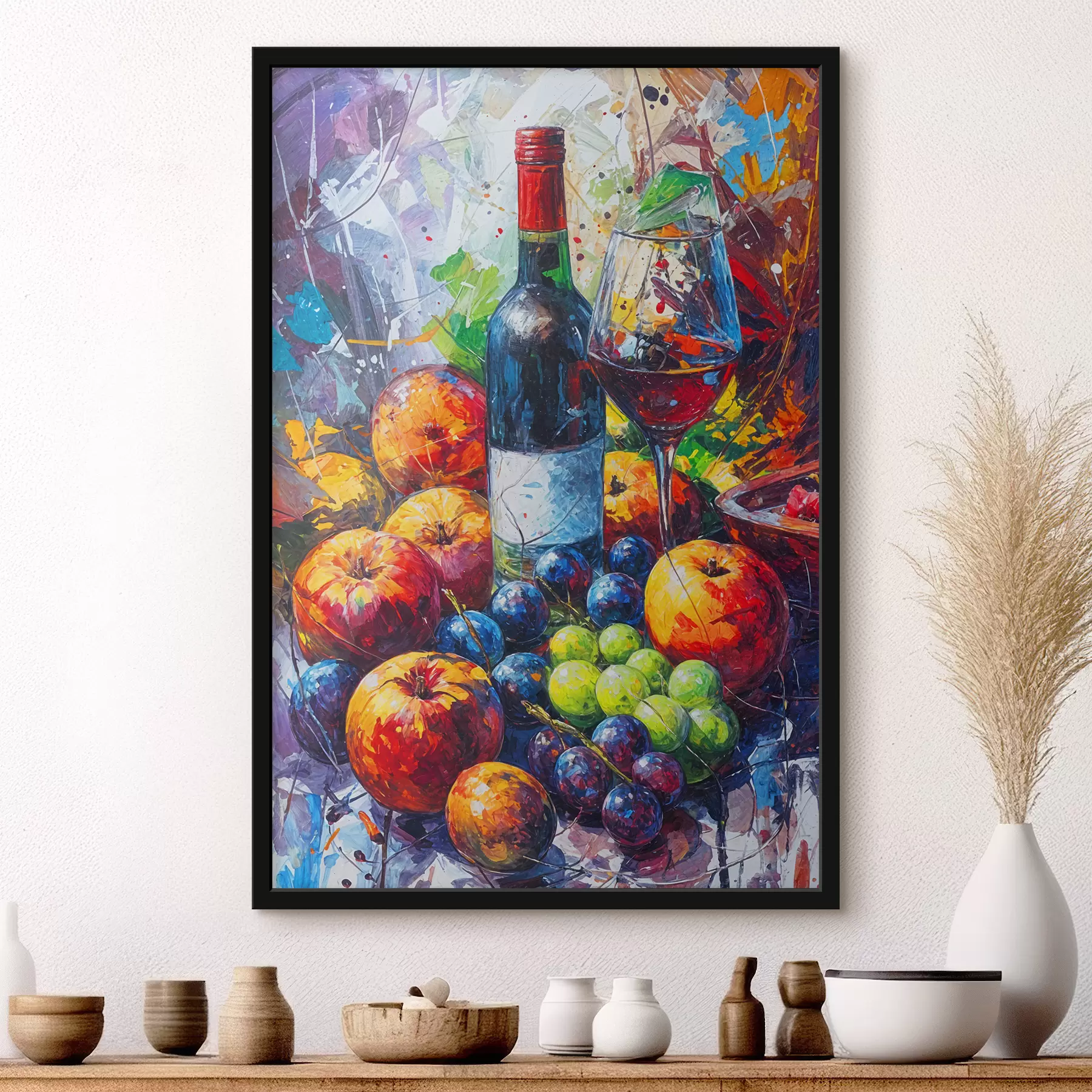 murales de pared Bodegón abstracto con una botella de vino, una copa de vino y frutas coloridas con toques de varios colores. f38958
